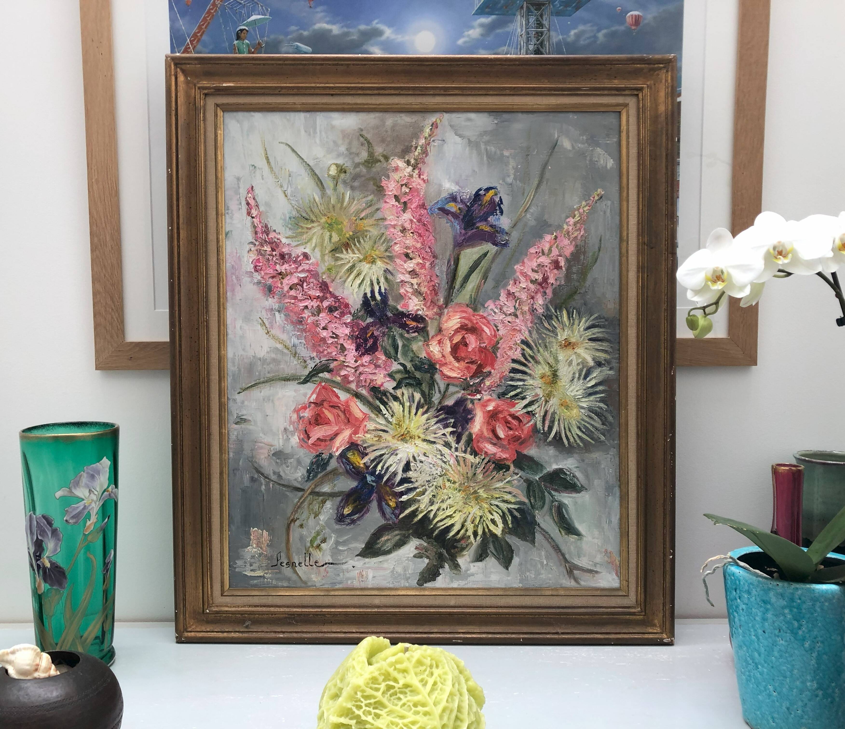 Old painting bouquet of pink flowers, iris, lupine, dahlia