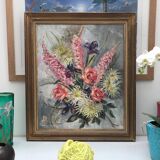 Old painting bouquet of pink flowers, iris, lupine, dahlia