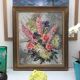 Old painting bouquet of pink flowers, iris, lupine, dahlia