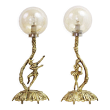 Pair of lamps in bronze and gilded glass