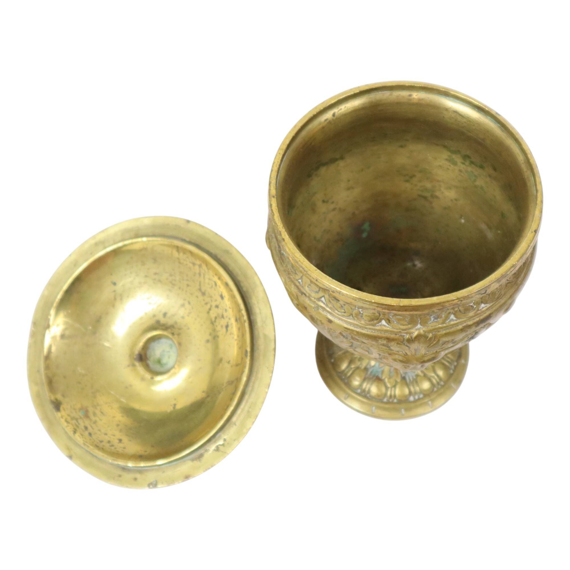 Old Brass Cup Goblet with Lid Mythical Figure 14cm