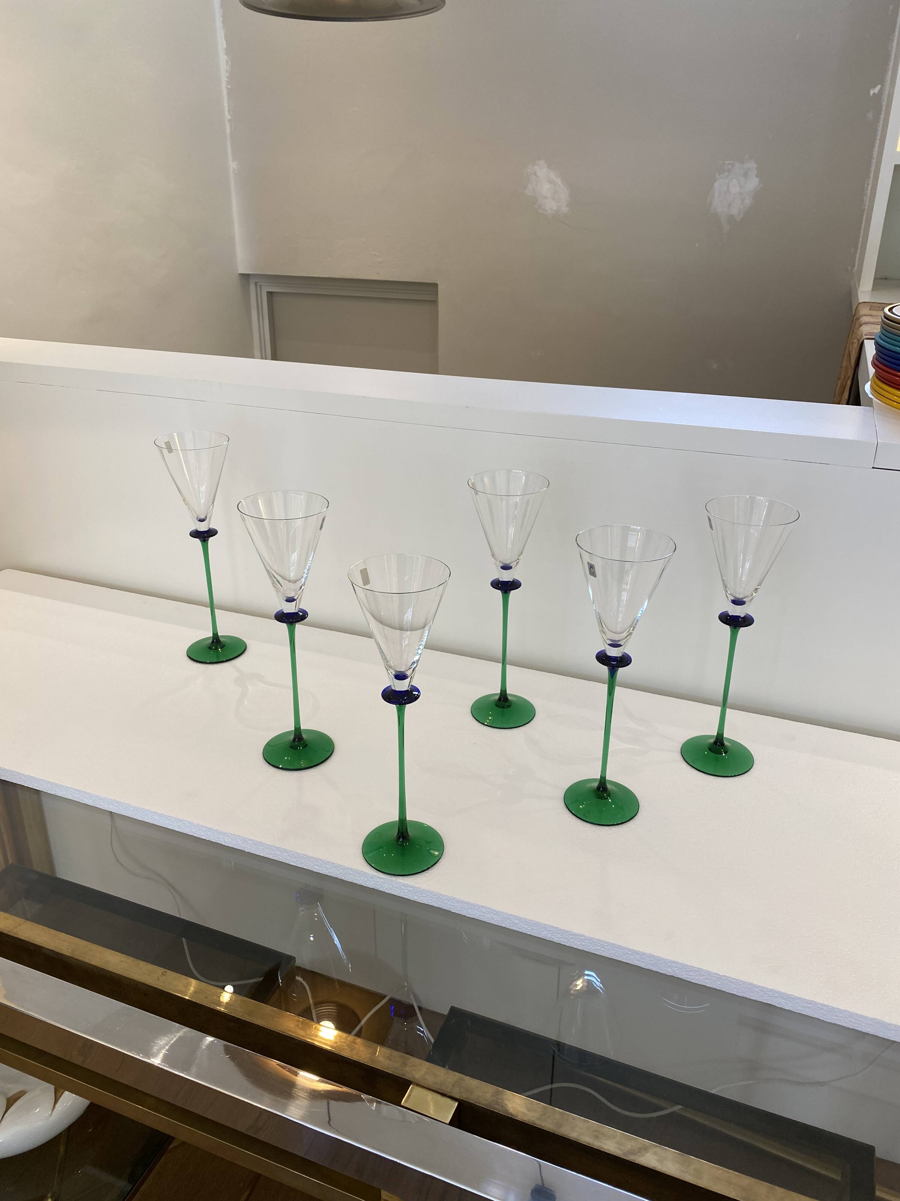 A Set of 6 Hand-blown Emerald Green Cobalt Blue Stem Champagne Flutes Art