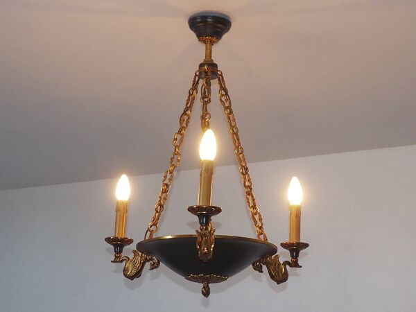 Lucien Gau French Empire Bronze Chandelier: Swan Arms, Green Tole