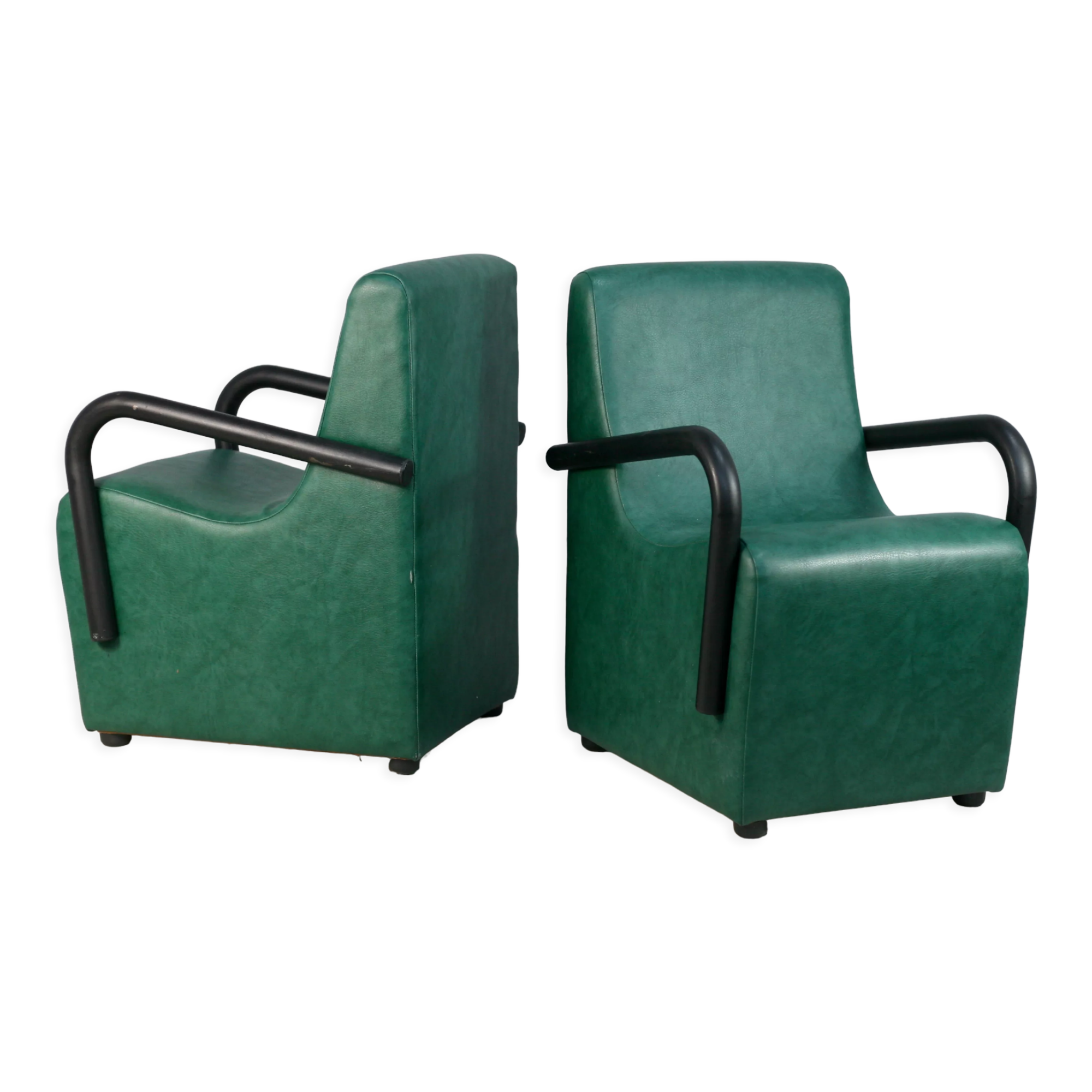 Pair of armrest heaters. Steel and green imitation leather. France, circa 1980