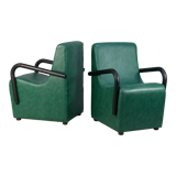 Pair of armrest heaters. Steel and green imitation leather. France, circa 1980