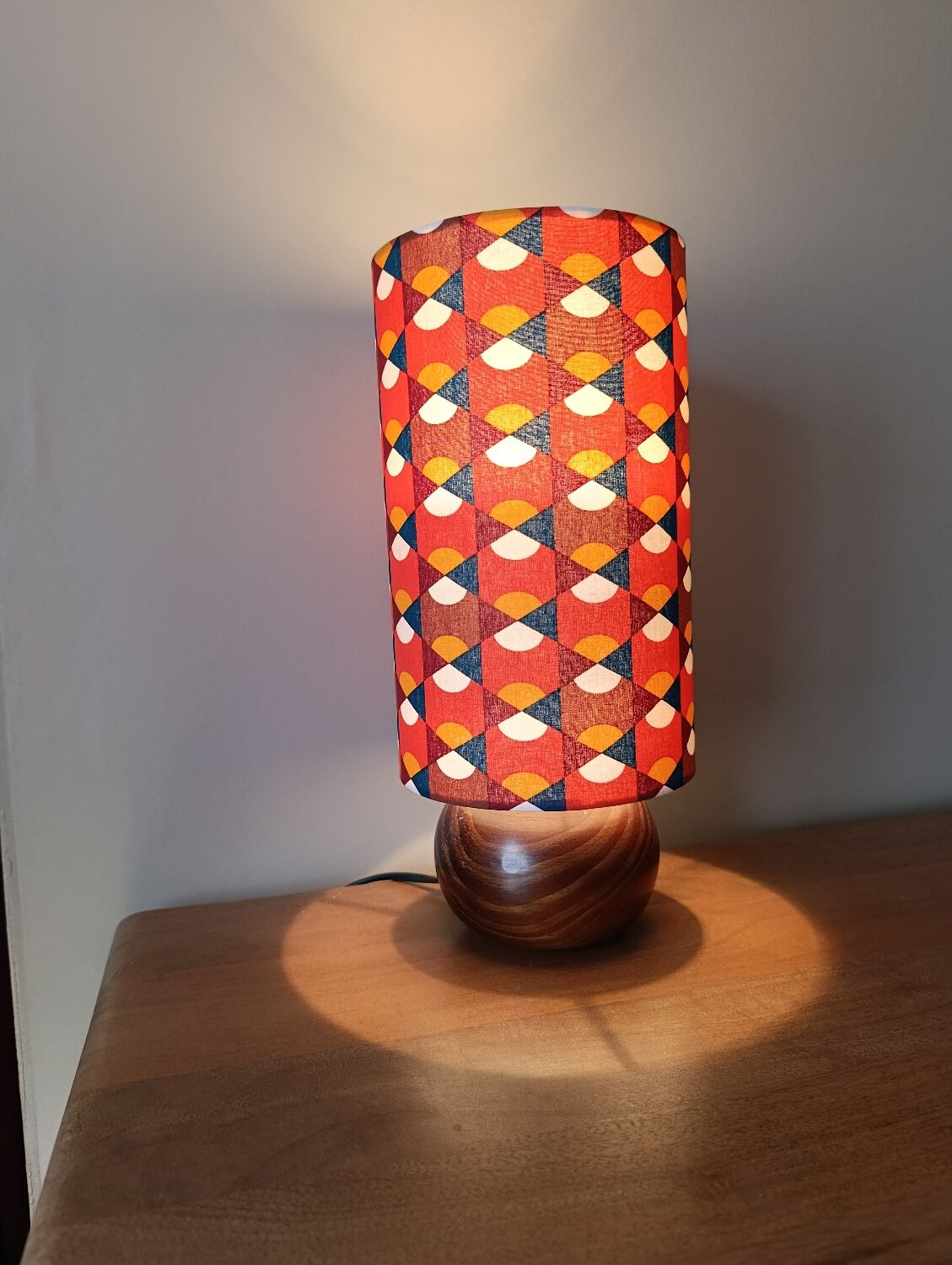 vintage wooden ball lamp, graphic lampshade in 70s style