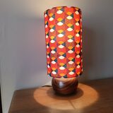 vintage wooden ball lamp, graphic lampshade in 70s style