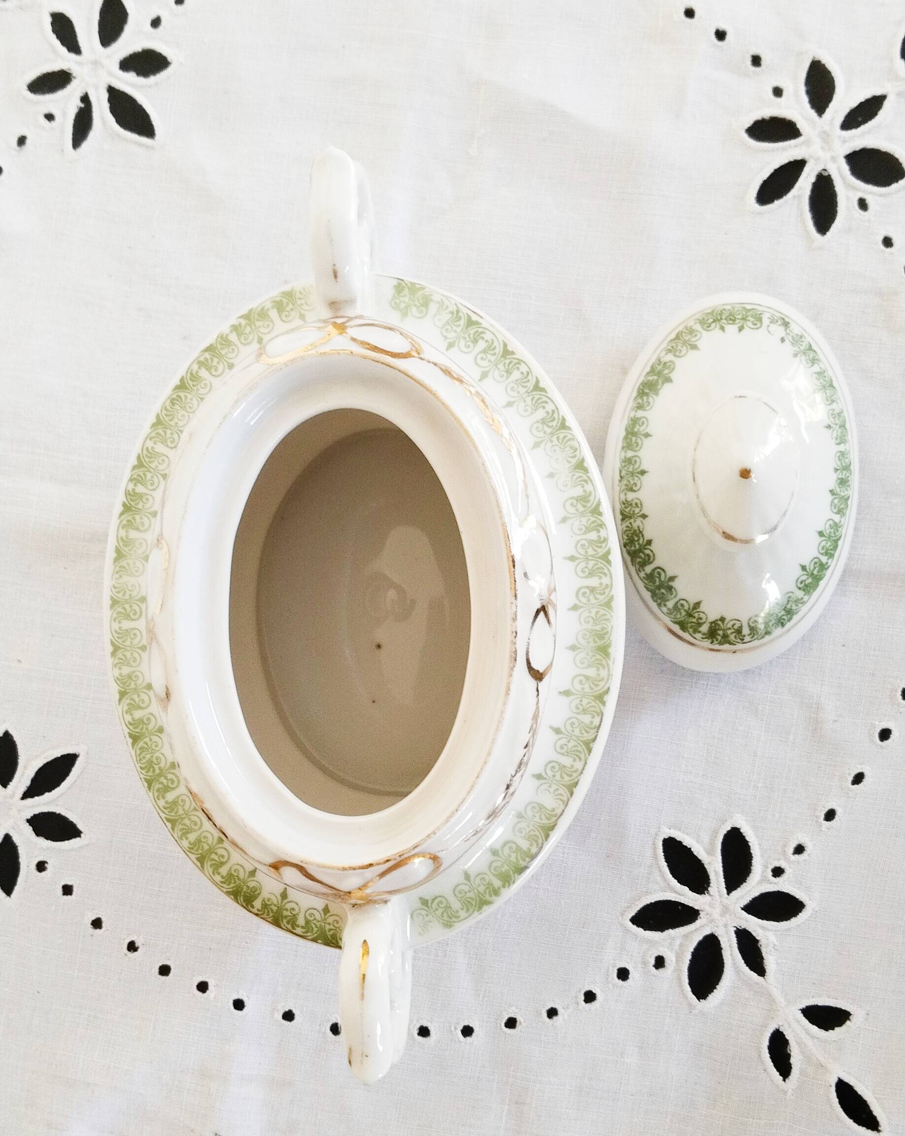 Antique green and gold English porcelain sugar bowl