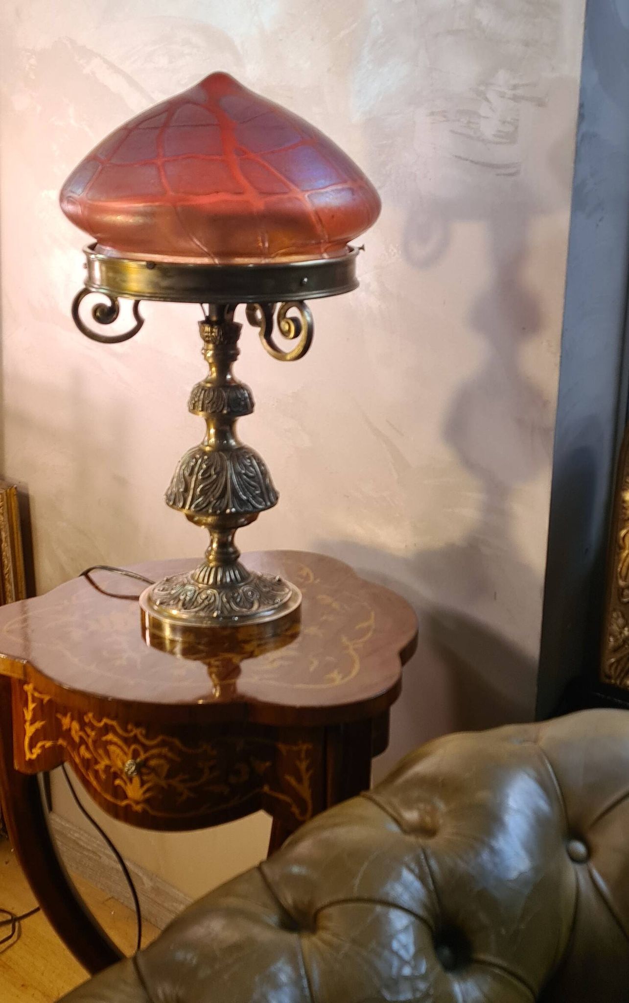 Austrian Art Nouveau bronze lamp with Loetz style art glass shade L54x32