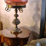 Austrian Art Nouveau bronze lamp with Loetz style art glass shade L54x32