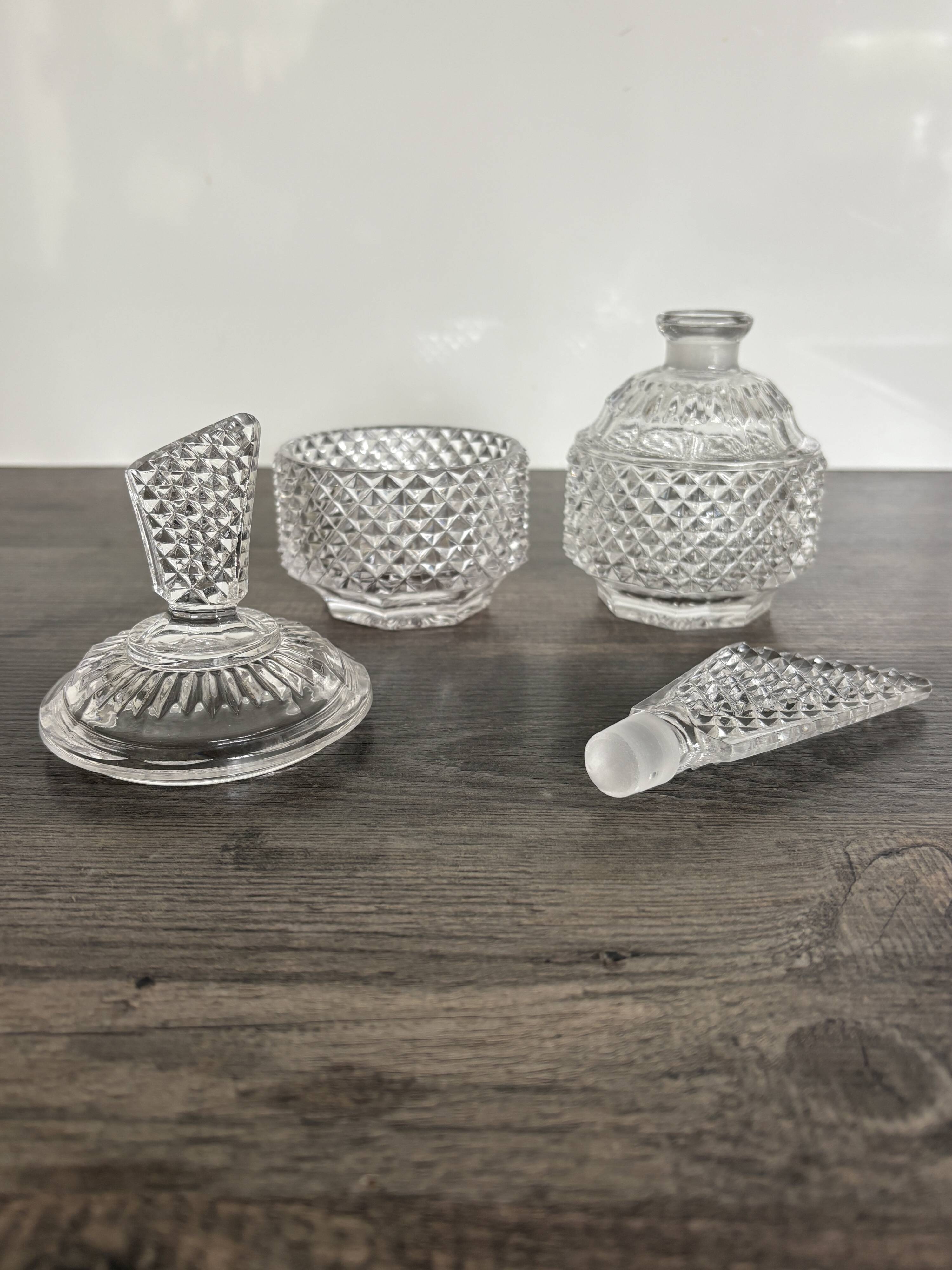 Pair of crystal-style cut glass bottles – retro/vintage dressing table