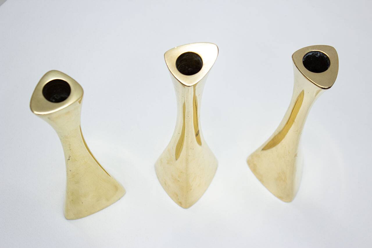 Set of 3 organic shaped brass candlesticks by K.E. Ytterberg, Sweden
