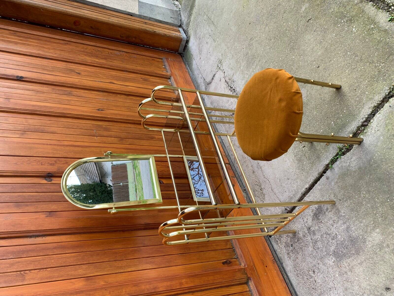 Vintage brown brass dressing table with mirror and matching stool, 1950s - set of 2