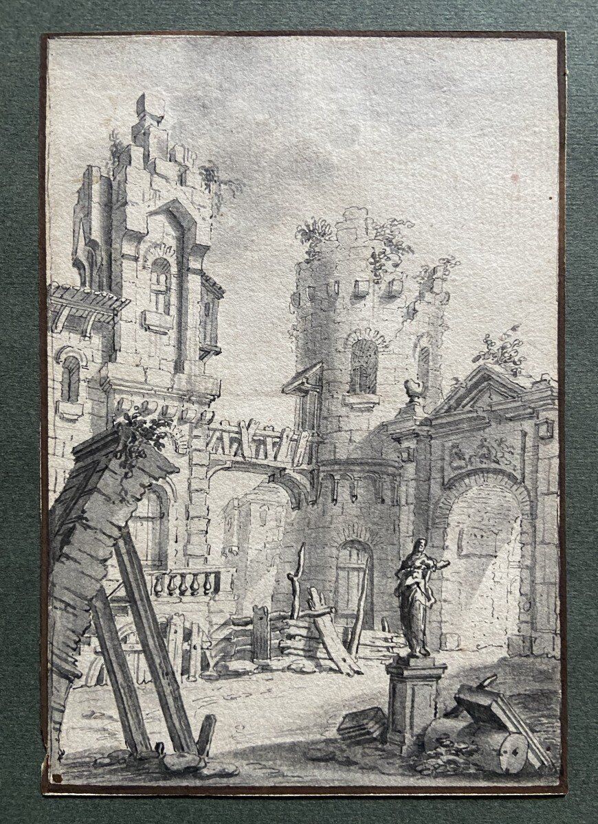 French school of the 18th century, courtyard of a ruined palace, pen drawing