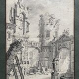 French school of the 18th century, courtyard of a ruined palace, pen drawing