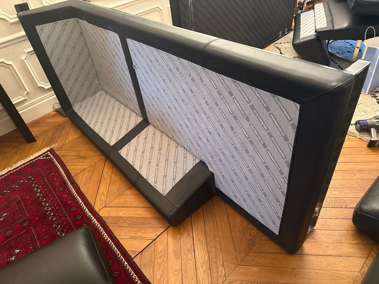 Canapé, cuir noir, Roche Bobois avec méridienne, canapé d’angle