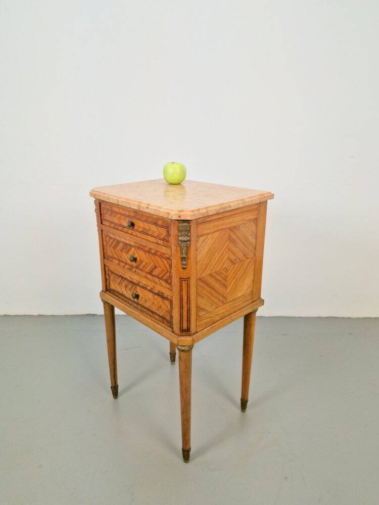 Vintage French Bedside Table with Marble Top and Brass Ornaments, 1920s