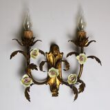 Pair of golden wall sconces and porcelain flowers