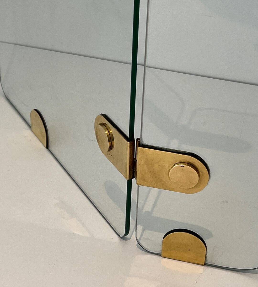 Three-Panel Folding Fire Screen with Clear Glass and Brass Hinges Ova