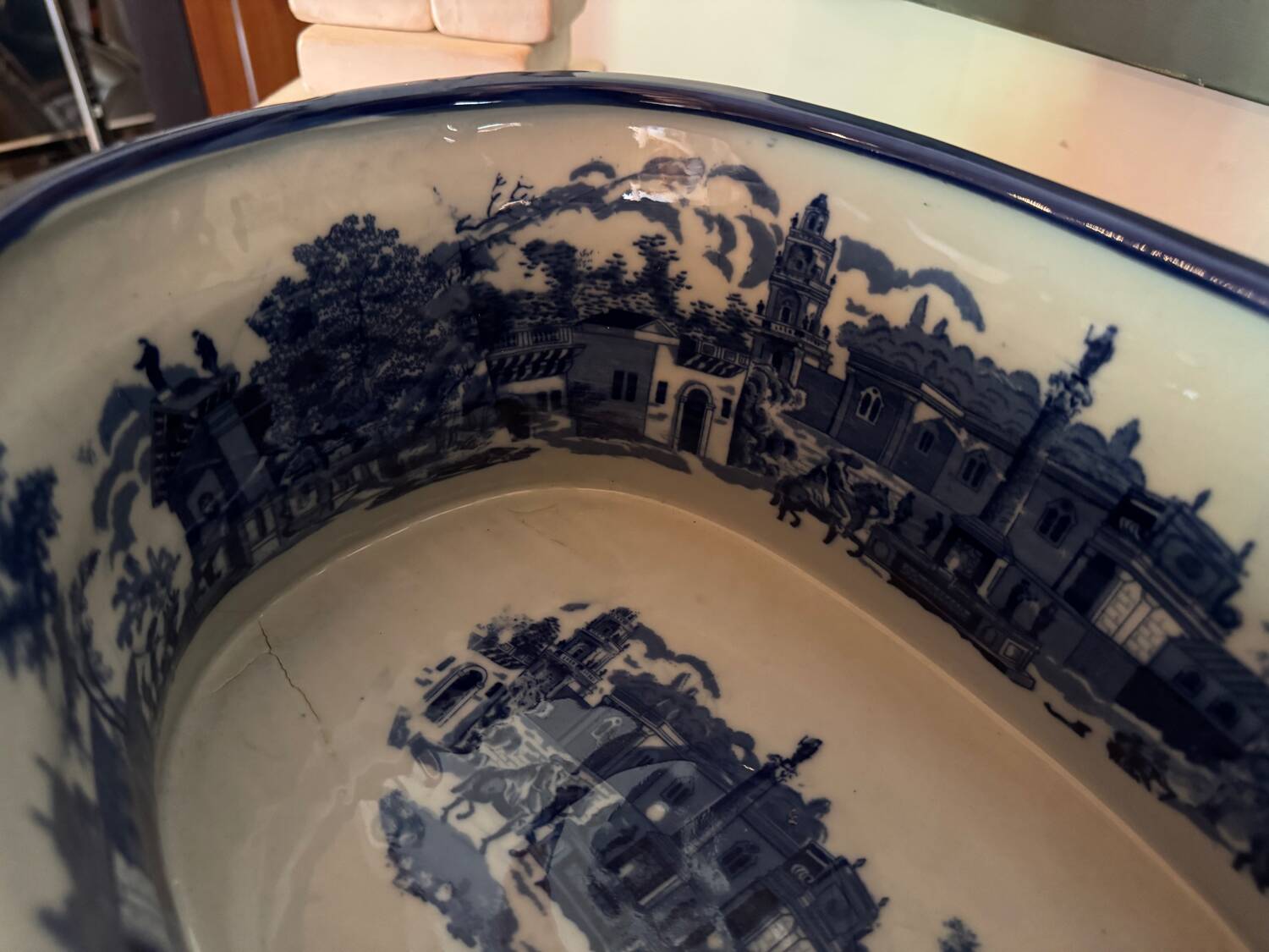 English earthenware planter, blue monochrome, 20th century
