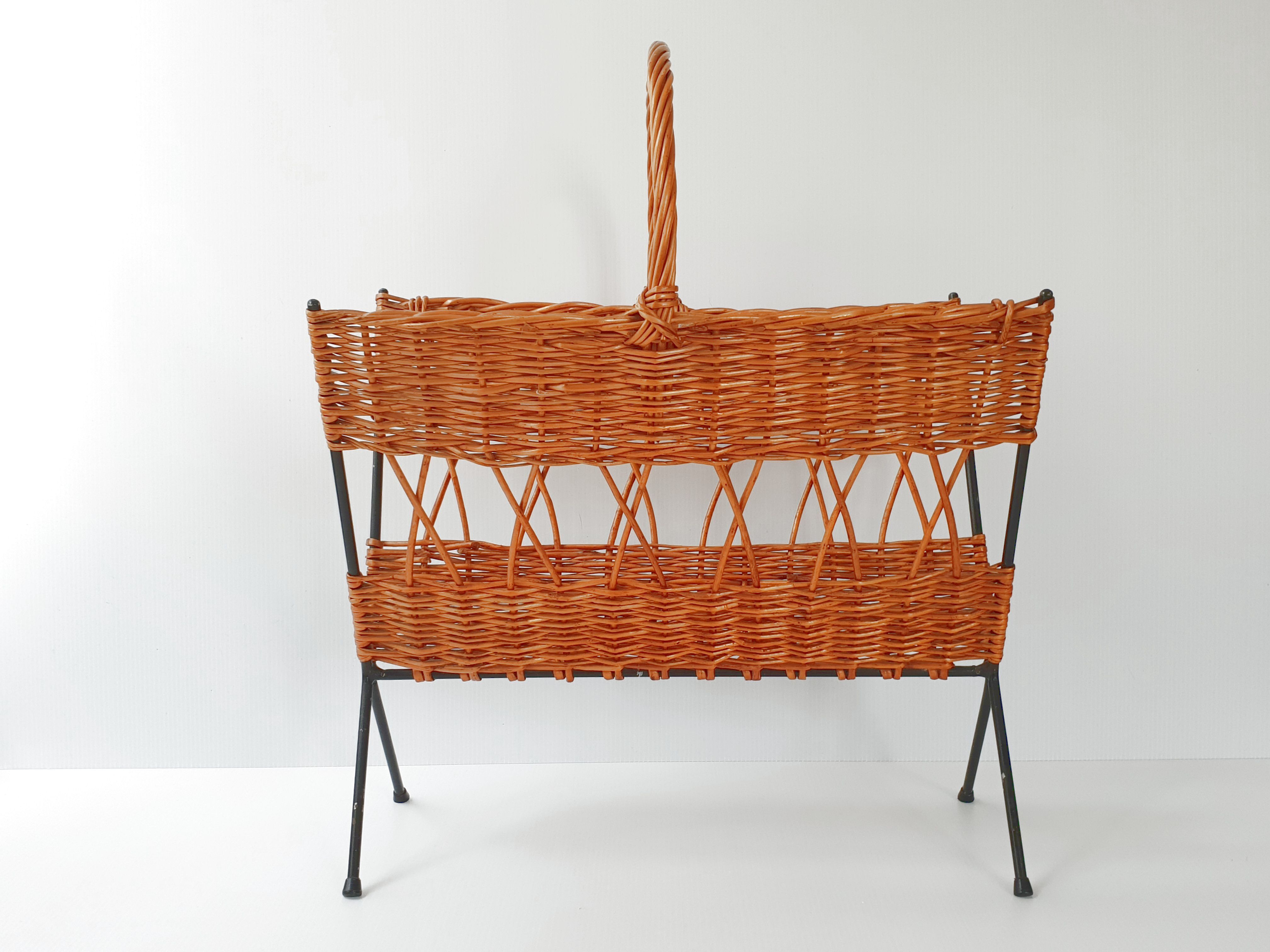 Rattan magazine holders - vintage steel