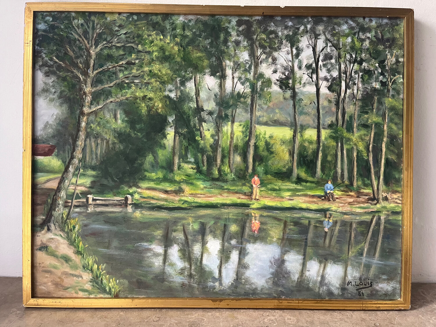 Fishermen at Brochard Pond, signed M. Louis, 1981