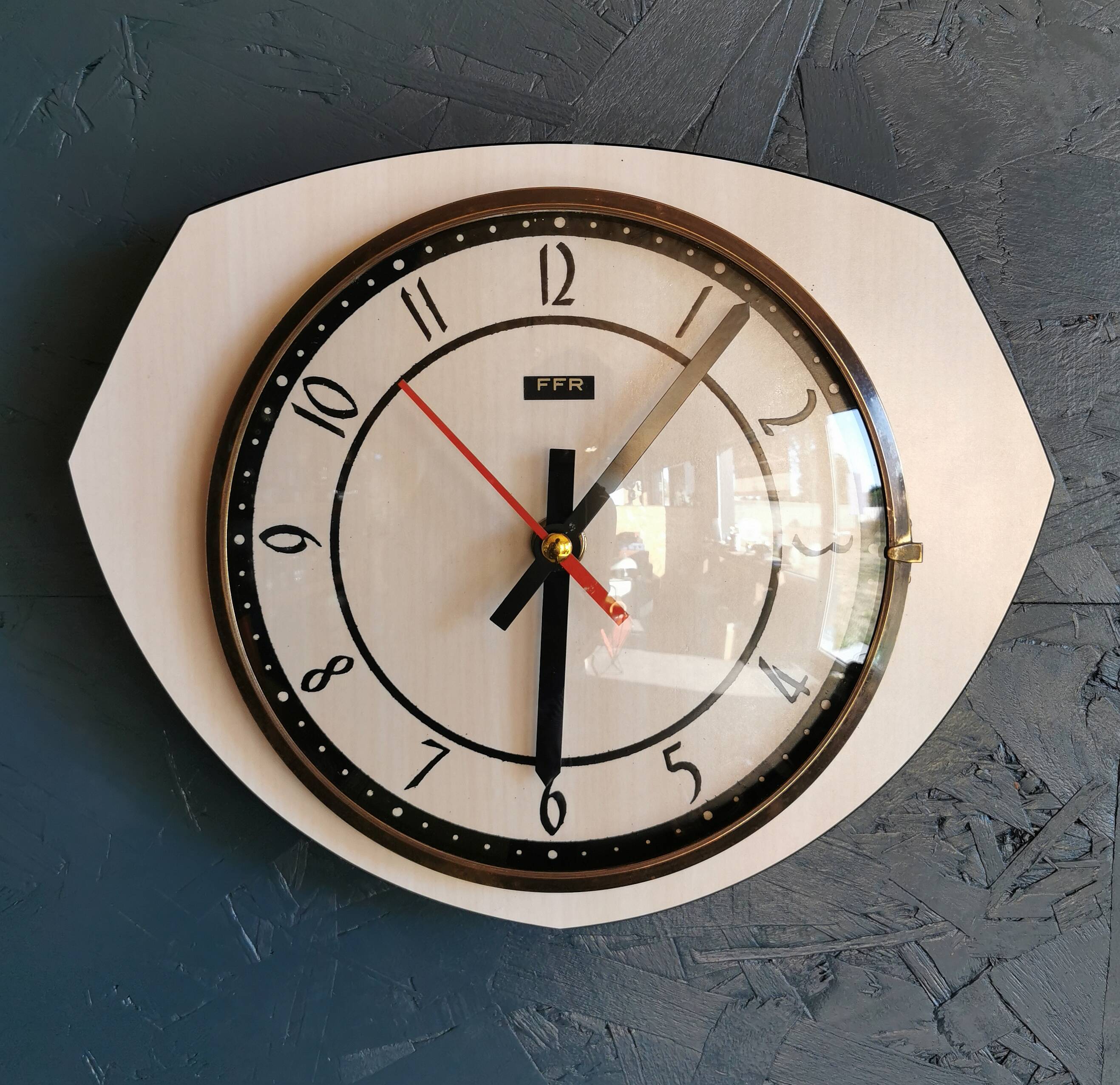 Vintage formica clock octagonal silent wall pendulum "FFR black white ash"