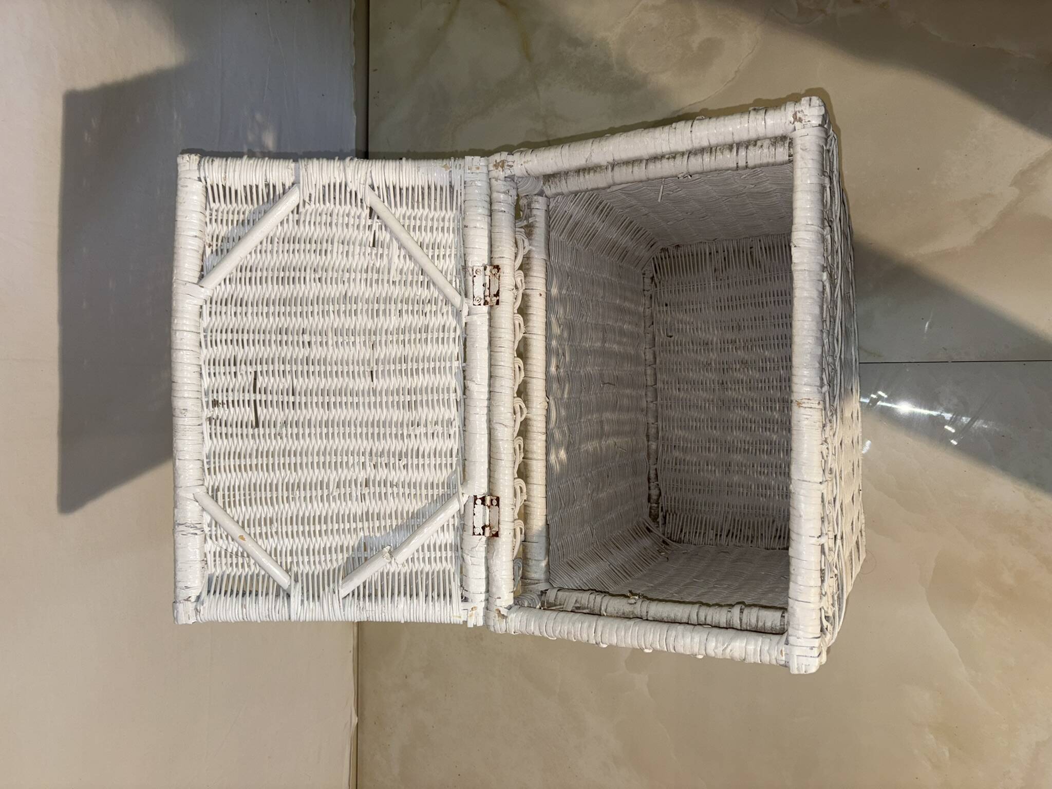 Vintage white rattan laundry basket with lid