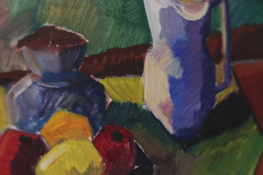 Original mid-century Swedish oil on canvas – “Kubisk Jug and Fruit” by Bror Göransson – vintage & framed – 75 × 58 cm (29.5" × 22.8")