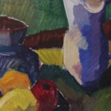 Original mid-century Swedish oil on canvas – “Kubisk Jug and Fruit” by Bror Göransson – vintage & framed – 75 × 58 cm (29.5" × 22.8")