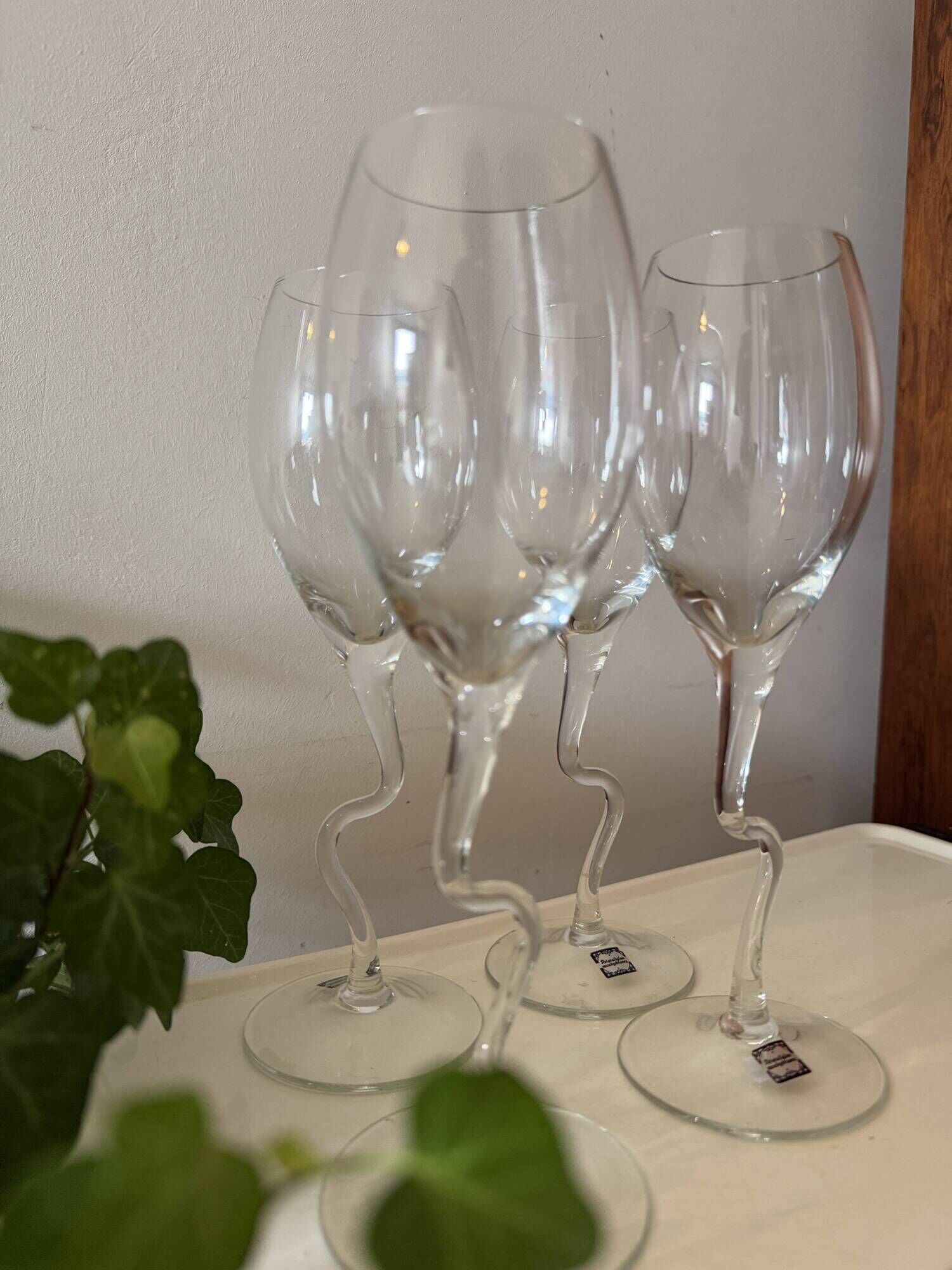 1980s Crystal Wine Glasses Wavy/Zigzag Stem