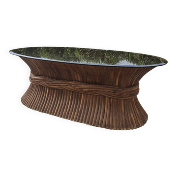 Sheaf of wheat bamboo coffee table glass top 1970s McGuire