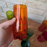 Mismatched colored glass orangeade set with pitcher and 6 glasses