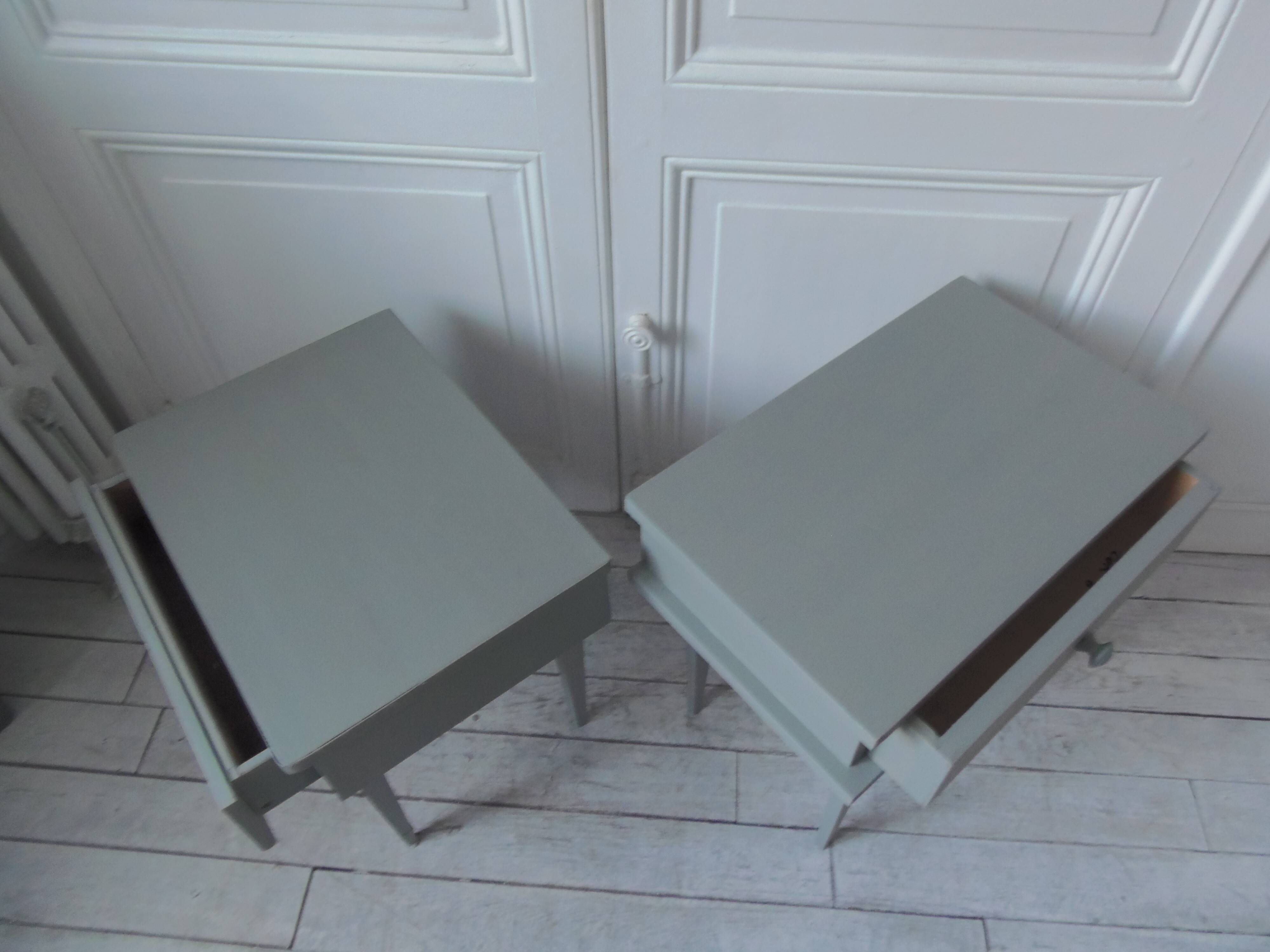 Duo of bedside tables, vintage mismatched verdigris end tables.