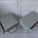 Duo of bedside tables, vintage mismatched verdigris end tables.