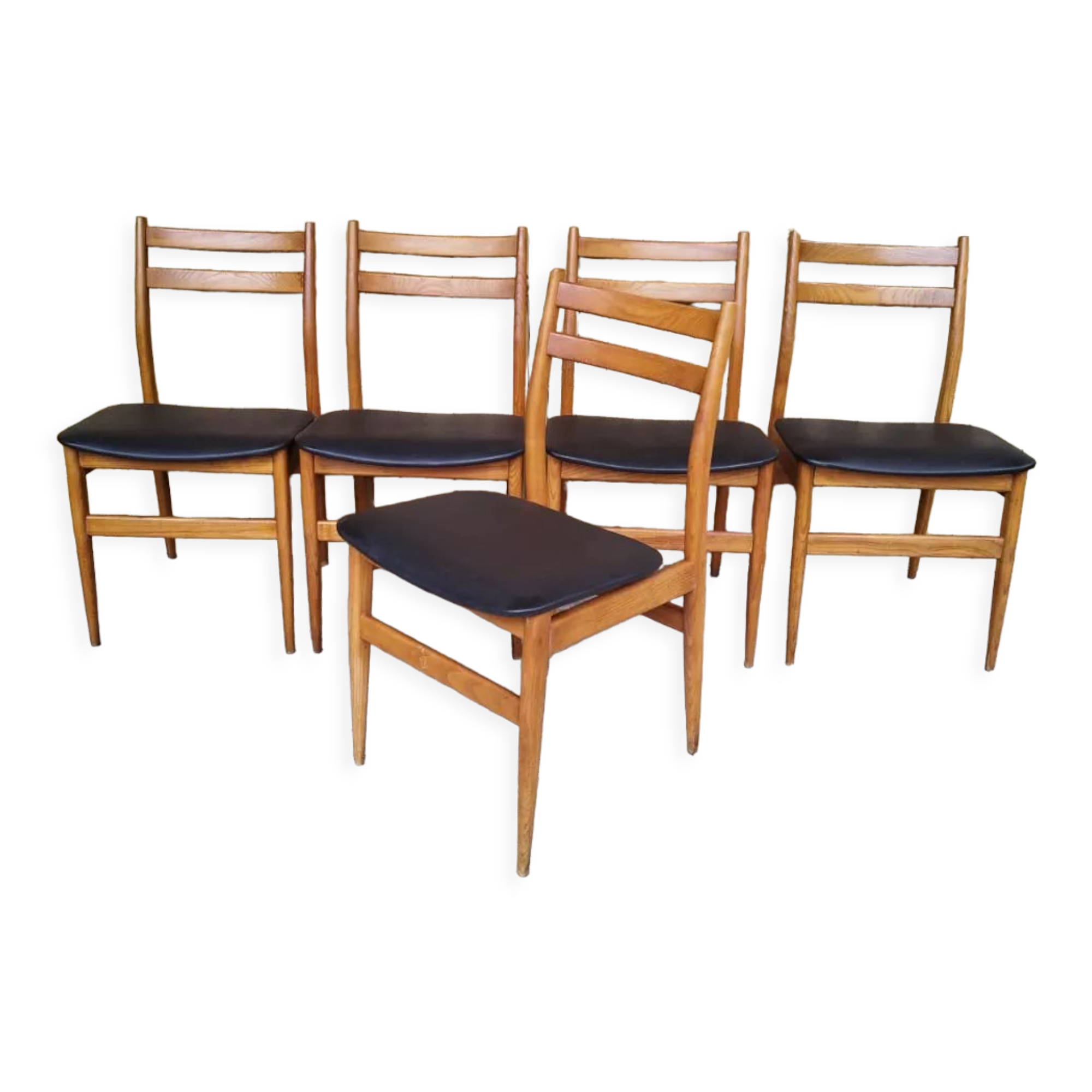 Suite de 5 chaises vintages scandinaves teck 1 simili cuir