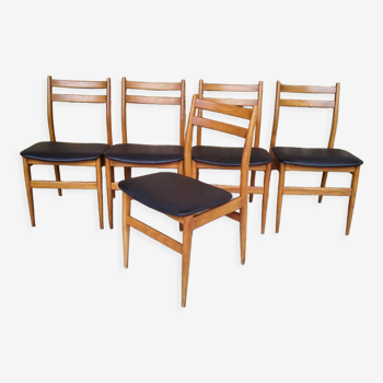 Suite de 5 chaises vintages scandinaves teck 1 simili cuir