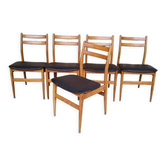 Suite of 5 vintage scandinavian teak chairs 1 imitation leather