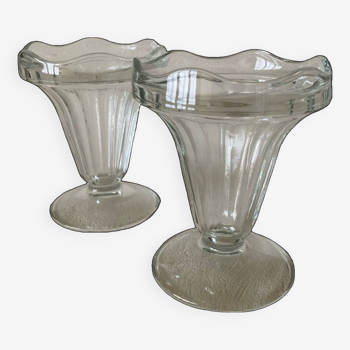 2 bistro style ice cream cups in pressed glass