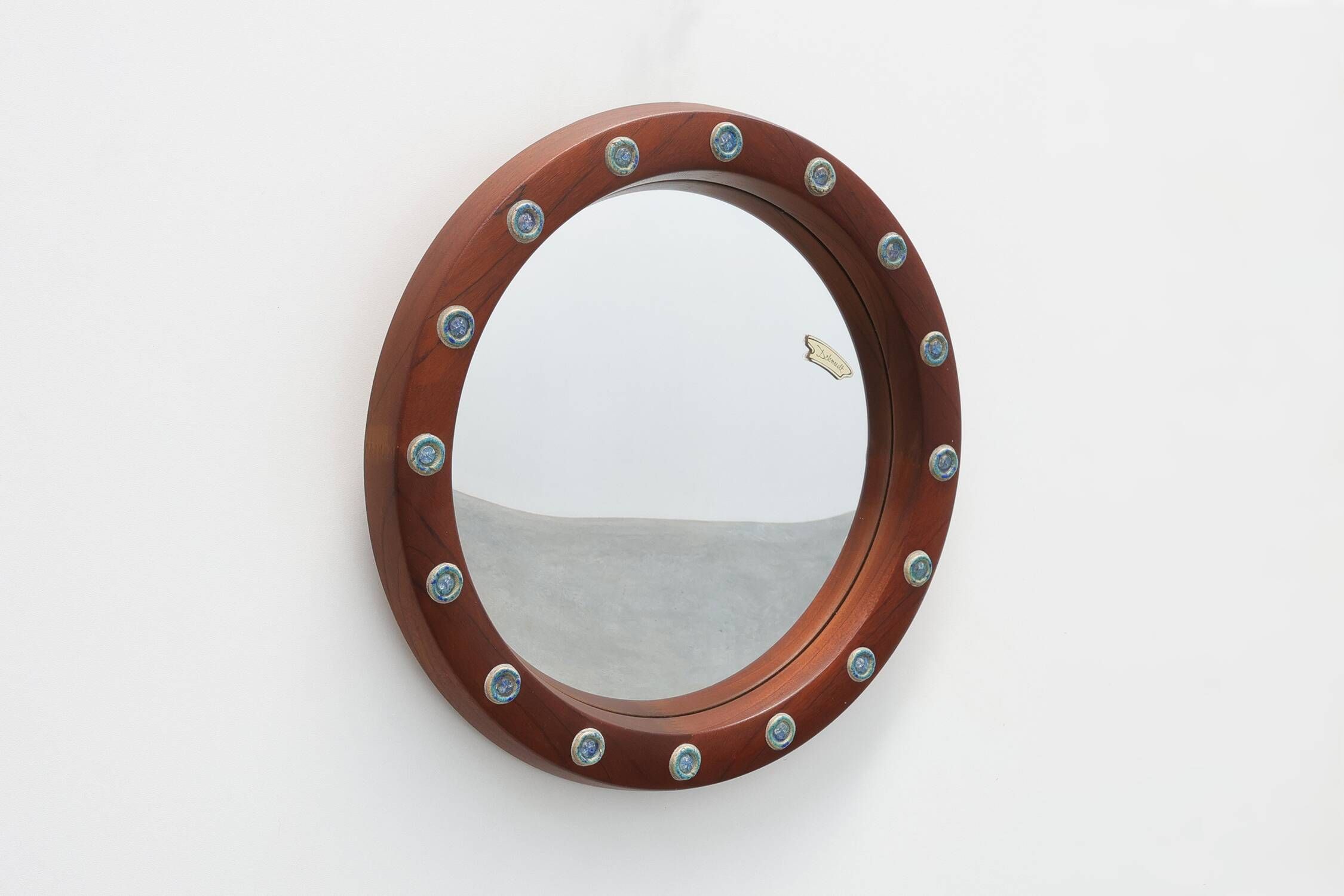 Round wooden mirror with turquoise ceramic studs by Deknudt, Belgium, 1960s