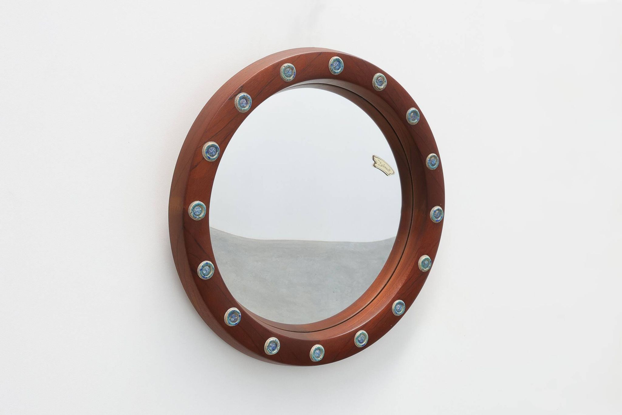Round wooden mirror with turquoise ceramic studs by Deknudt, Belgium, 1960s