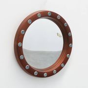 Round wooden mirror with turquoise ceramic studs by Deknudt, Belgium, 1960s