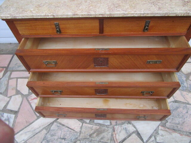 Low art-deco wood and marble chest of drawers