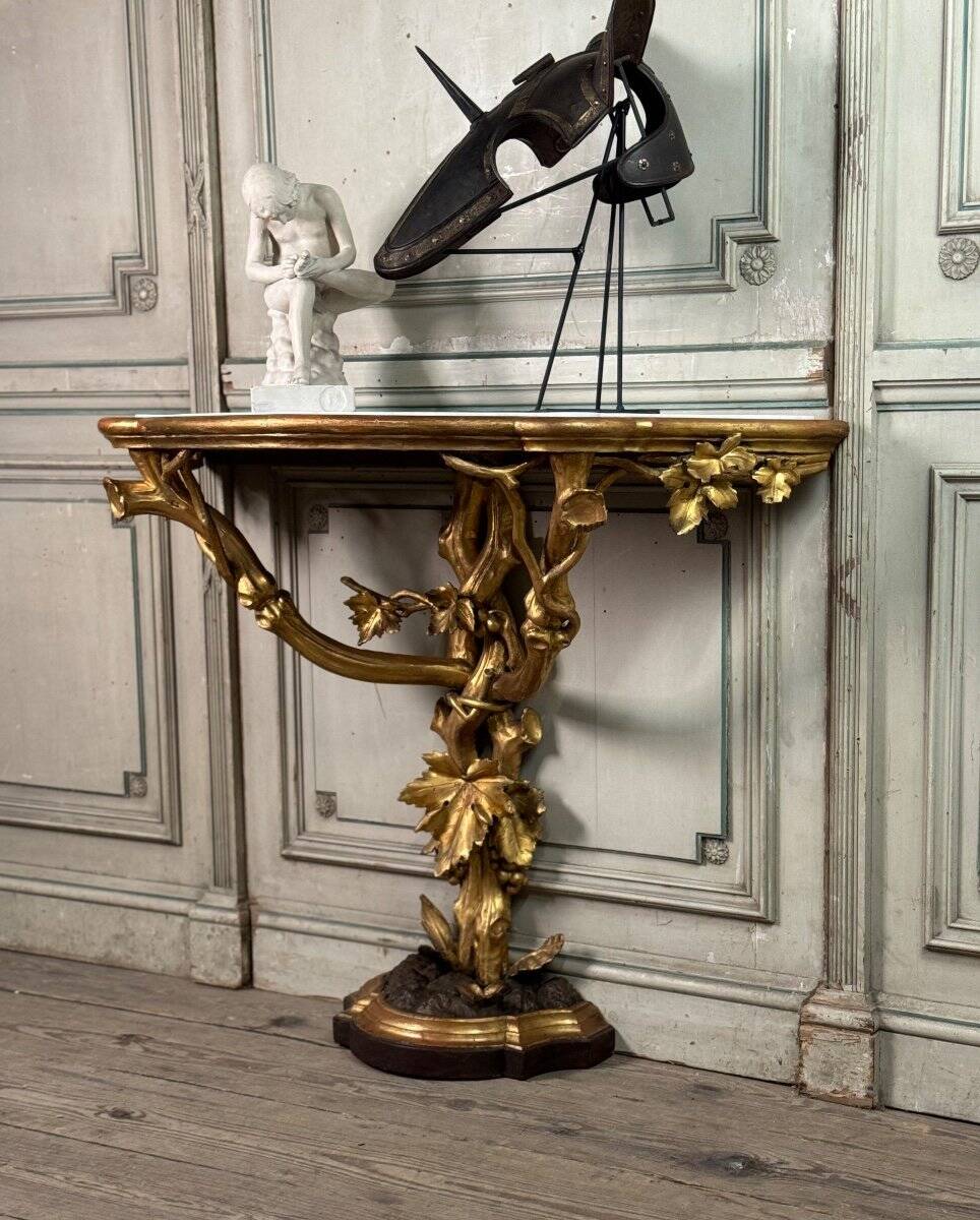 Carved and Gilded Wooden Console Imitating Natural Wood, Italy circa 1880