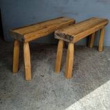 Pair of 2 patinated solid wood benches / stools