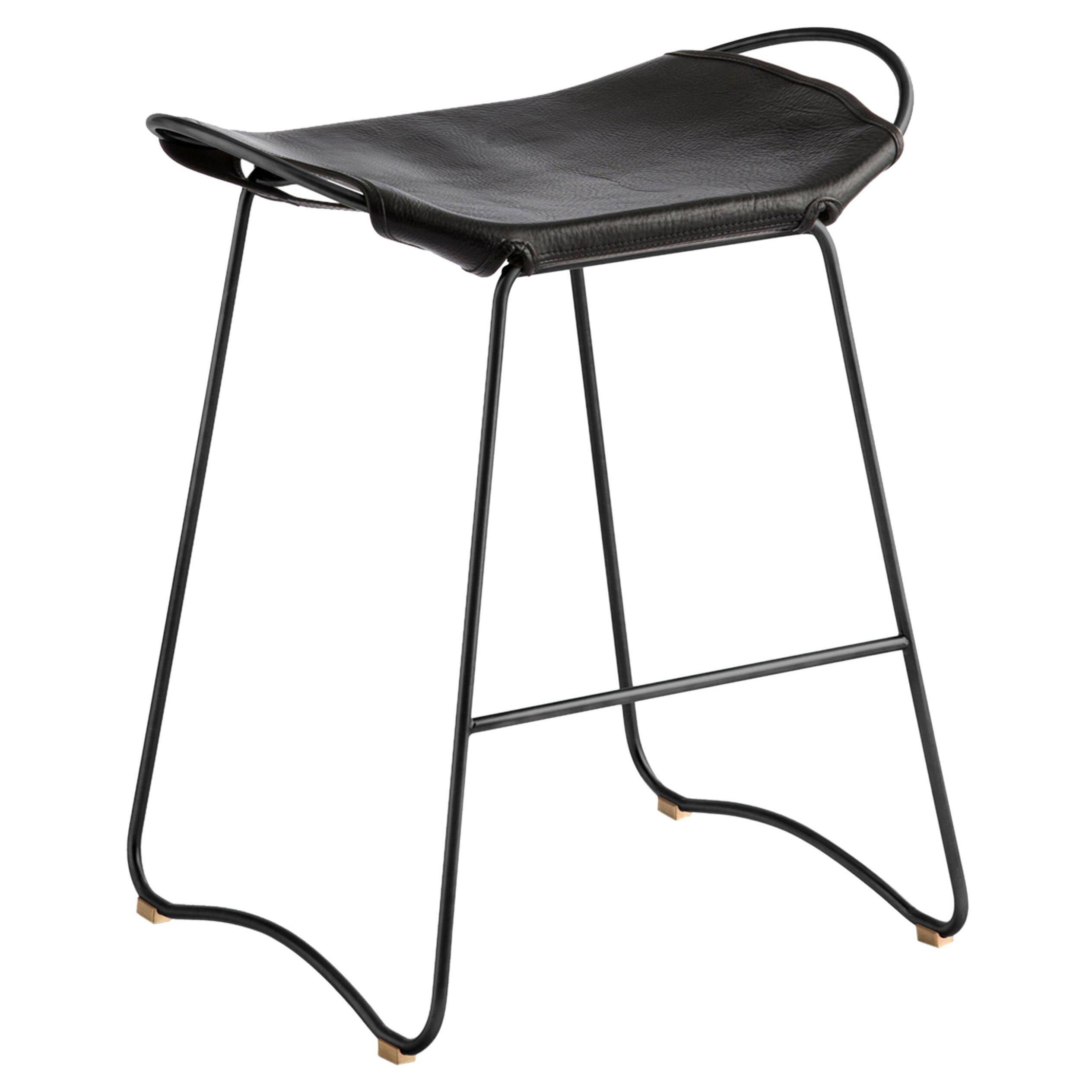 Contemporary sculptural bar stool, smoked black metal sample and black leather.