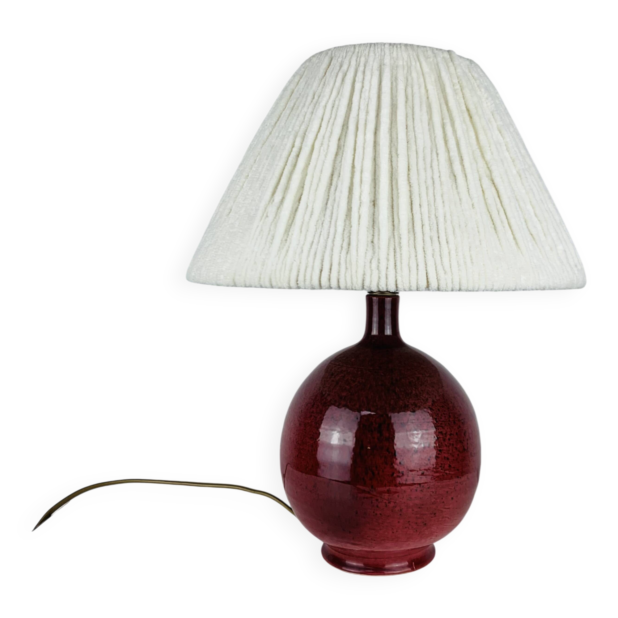 Purple ceramic ball lamp with wool shade, vintage.