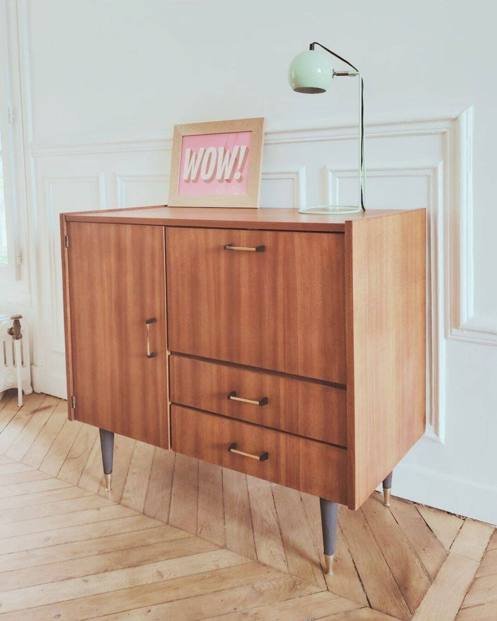 Small renovated vintage sideboard, 1950s-60s in dark wood veneer.