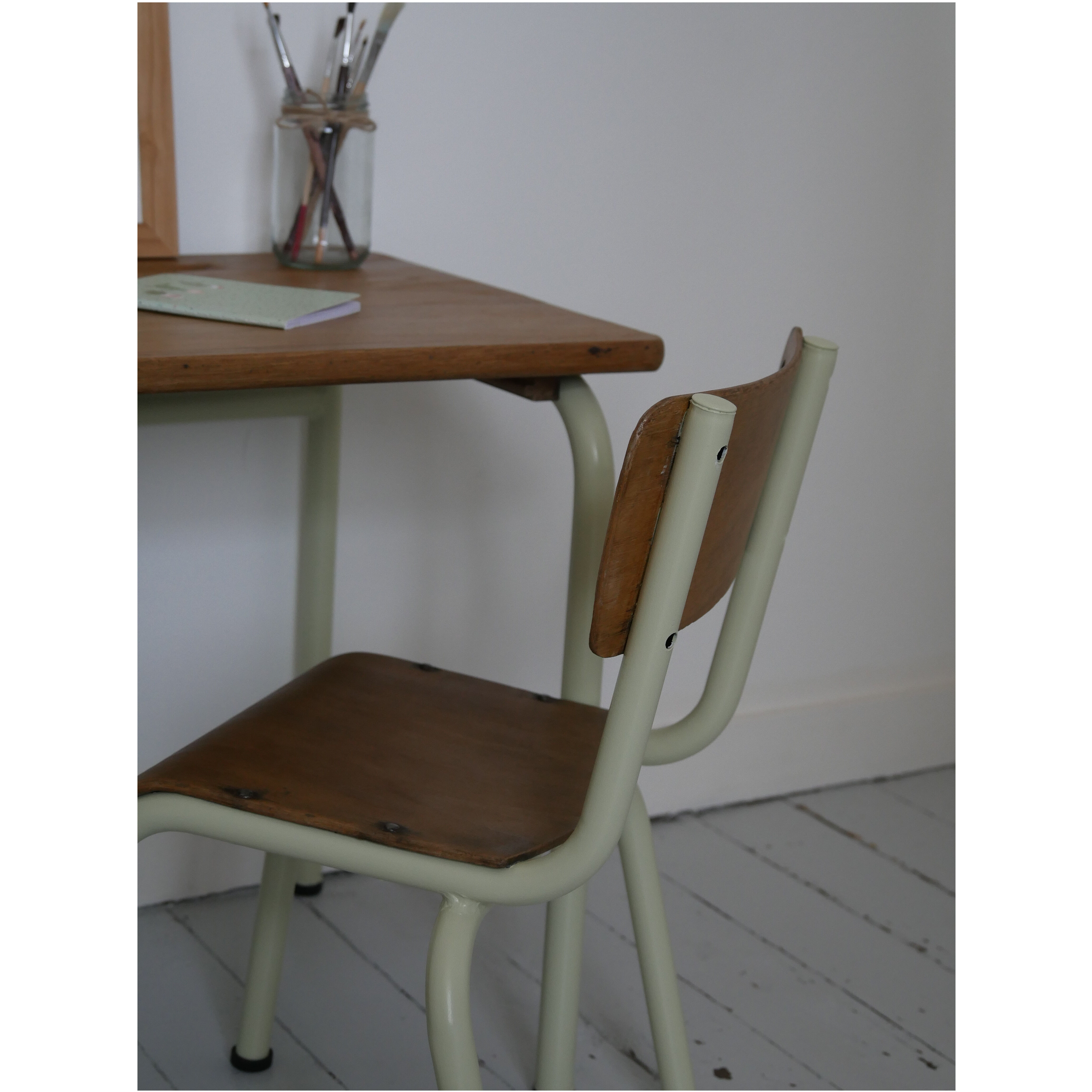 School desk and matching chair green almond