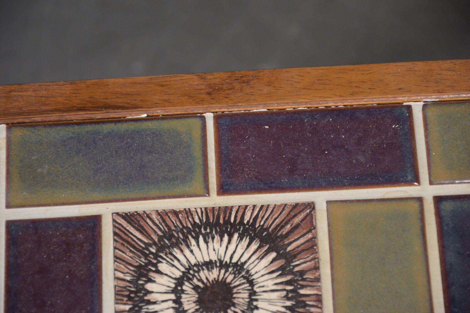 Pair of rosewood lamp tables, inlaid with coloured tiles